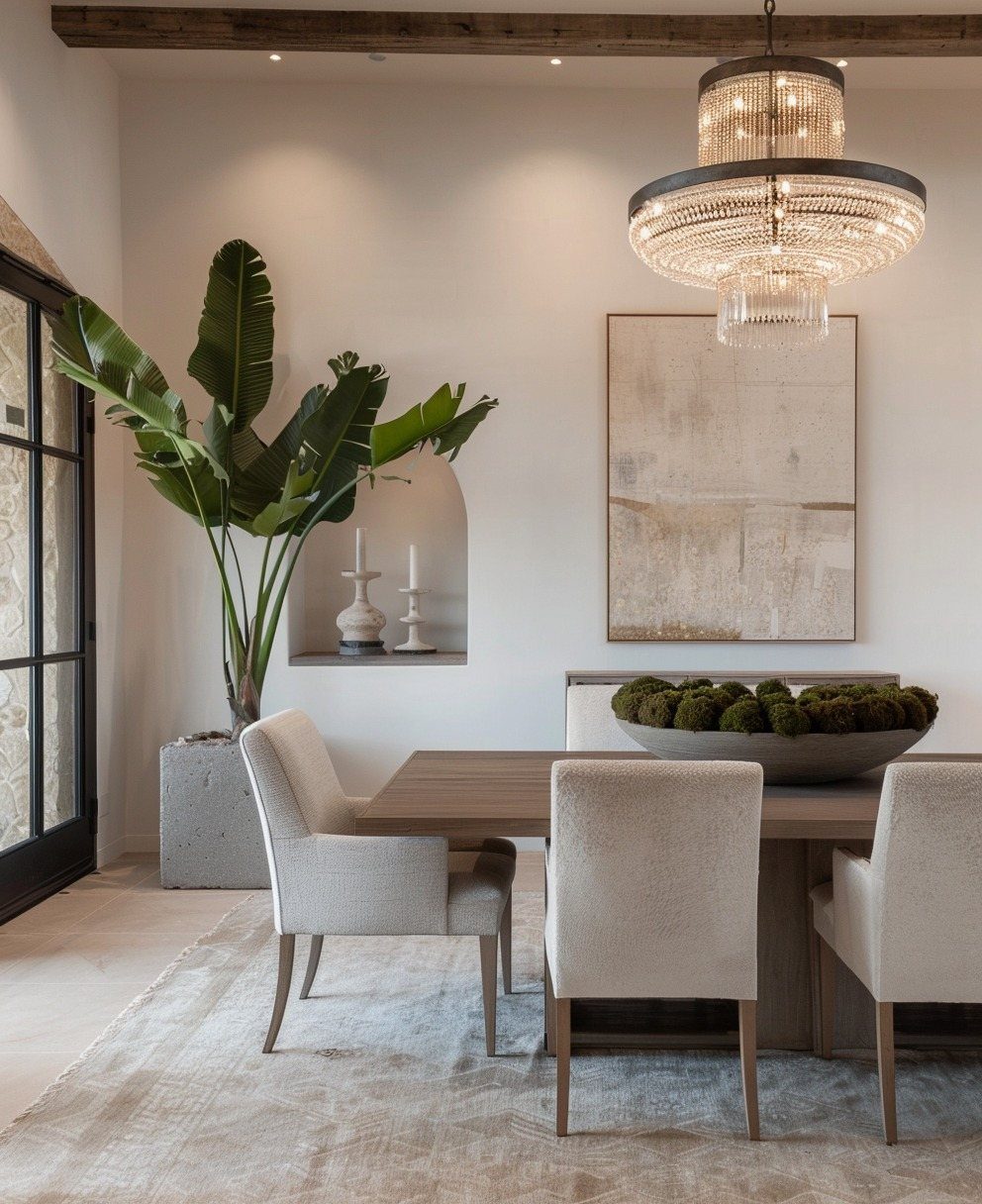 Modern dining room with wooden table, beige chairs, and a tiered crystal chandelier.