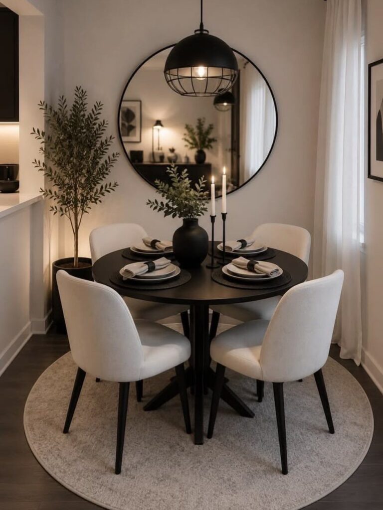 Round black dining table with white chairs and a circular mirror in a room.