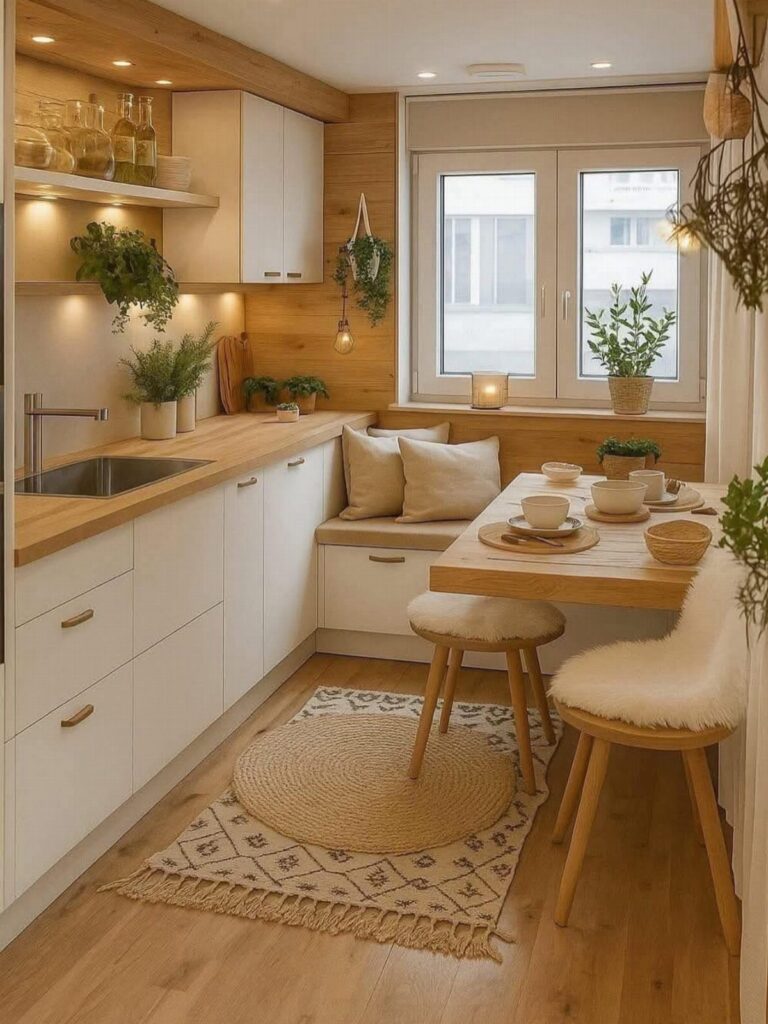 Small breakfast nook with a wooden table, white cabinets, and cozy bench seating.