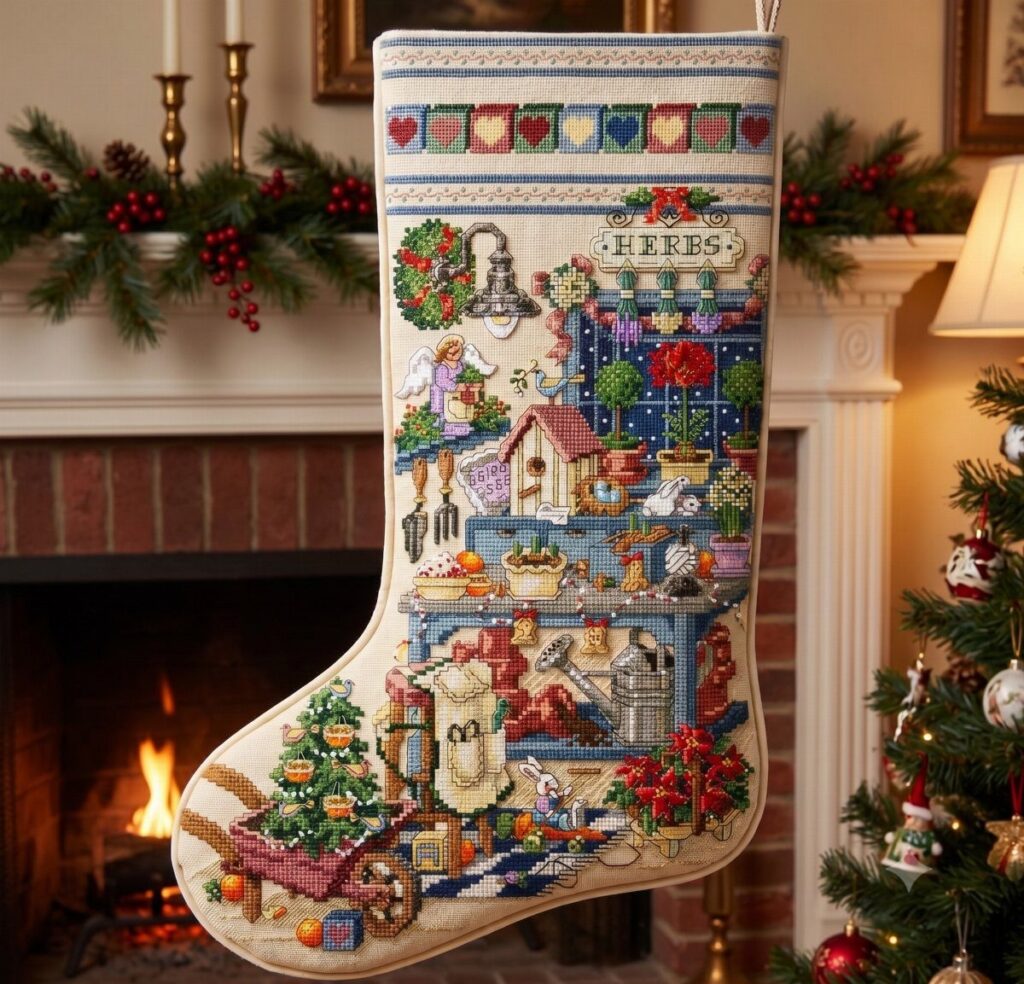 Needlepoint Christmas stocking with garden scene hanging on a white decorated mantelpiece