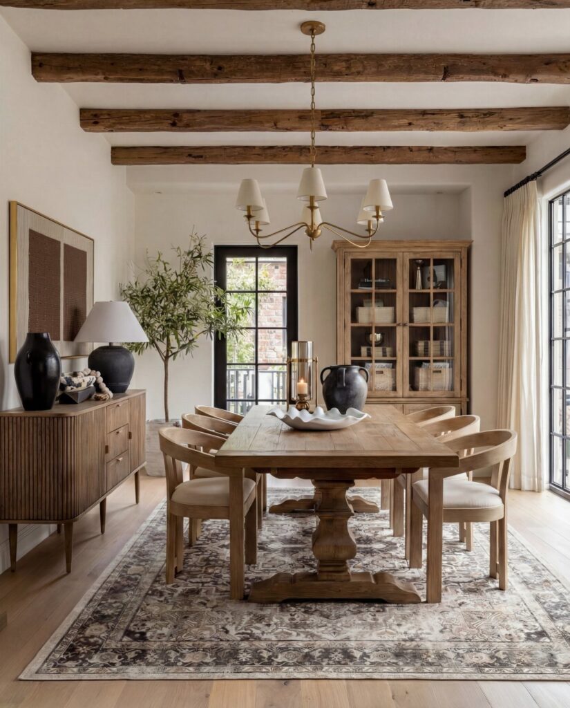 Light wood pedestal dining table with matching chairs in a rustic transitional room.